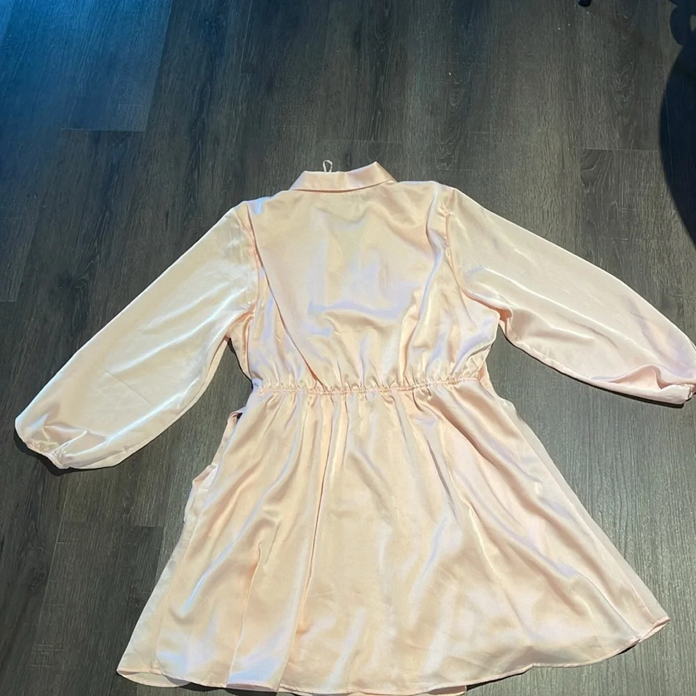Halogen Light Pink Satin Faux Wrap Long Sleeve Shirt Dress - Picture 12 of 14